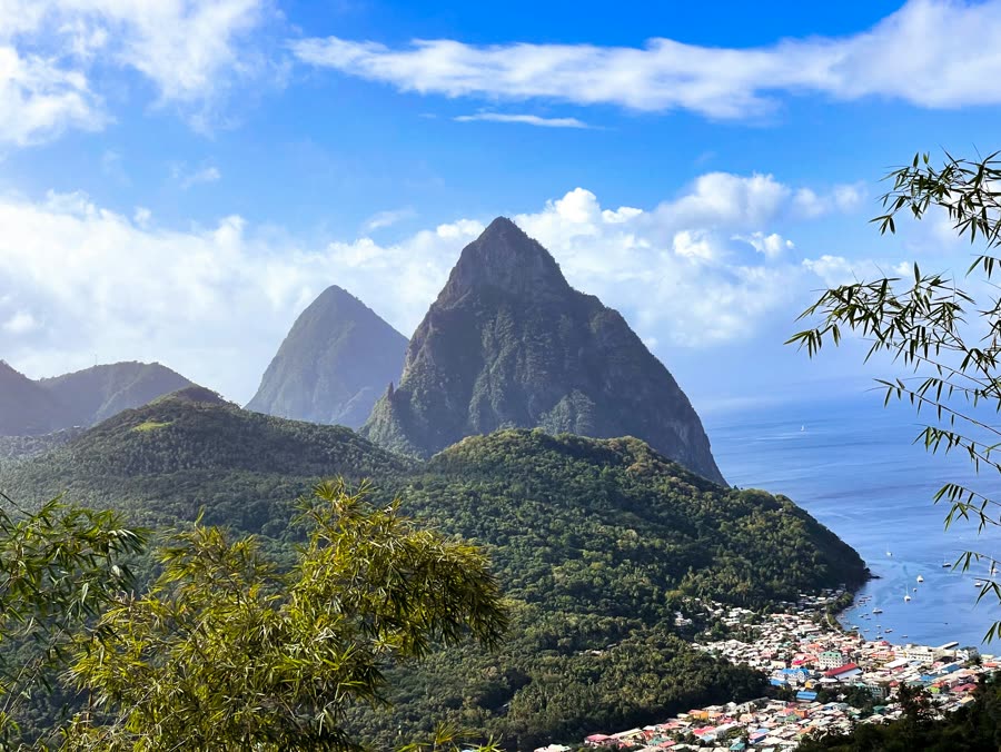 The twin Pitons rising from the sea in St Lucia