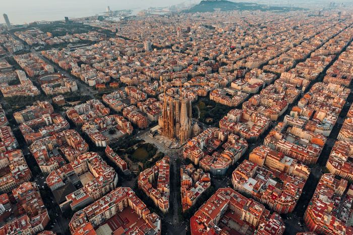 The Sagrada Família rising above Barcelona’s grid of city blocks