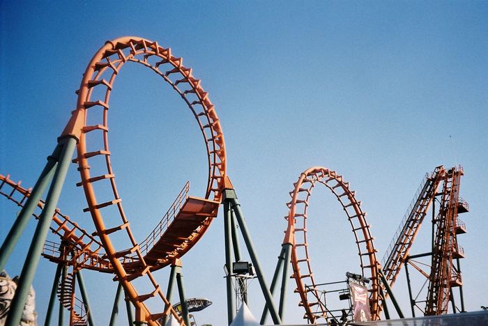 Rollercoaster loops against a clear blue sky